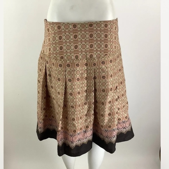 Anthropologie Sz 8 100% Silk Satin Pleated A-Line Skirt Pink Orange Geometric - Picture 4 of 6